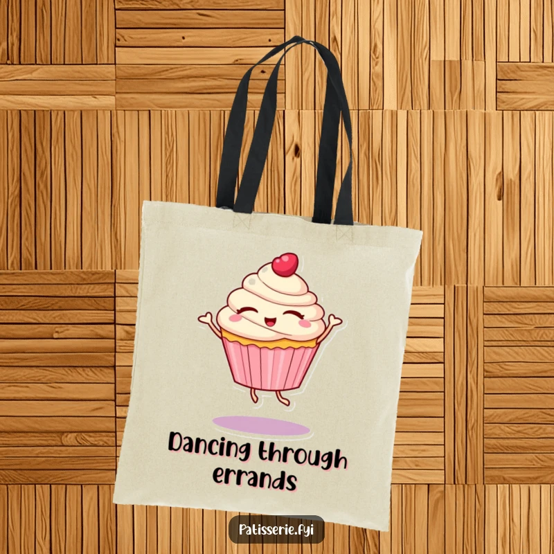 Funny tote bag with a cupcake character with eyes closed, spinning in a delightful dance, perfect for carrying goodies with sweet flair.