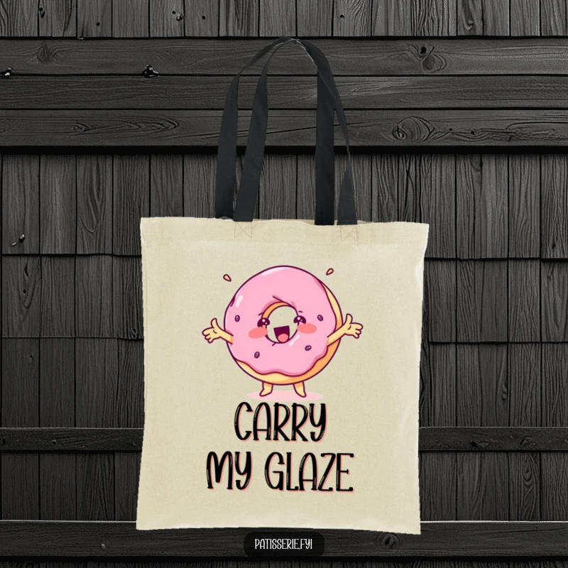 Funny delighted donut tote bag with a spinning treat character with outstretched arms, a fun and practical accessory.