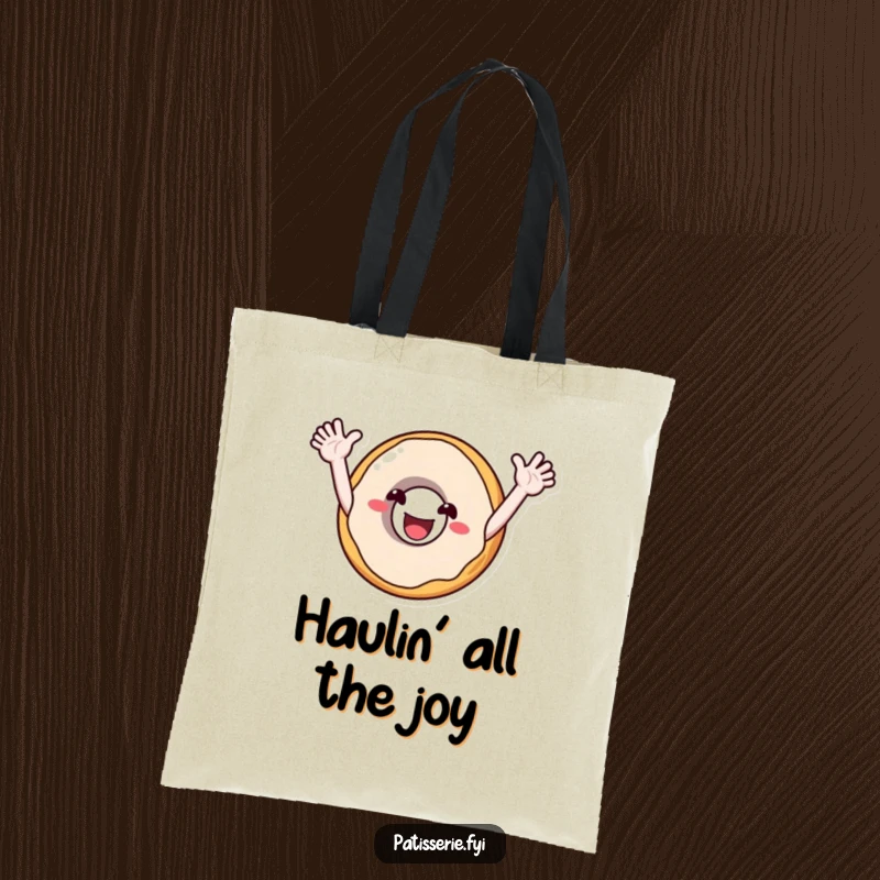 Funny tote bag with a smiling donut character with arms outstretched, cheering enthusiastically, perfect for carrying goodies with cheer.
