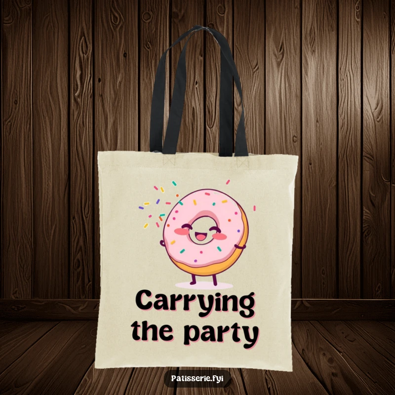 Funny Donut Tote Bag depicting a giggling donut character spraying sprinkles like confetti, perfect for carrying essentials with a festive flair.
