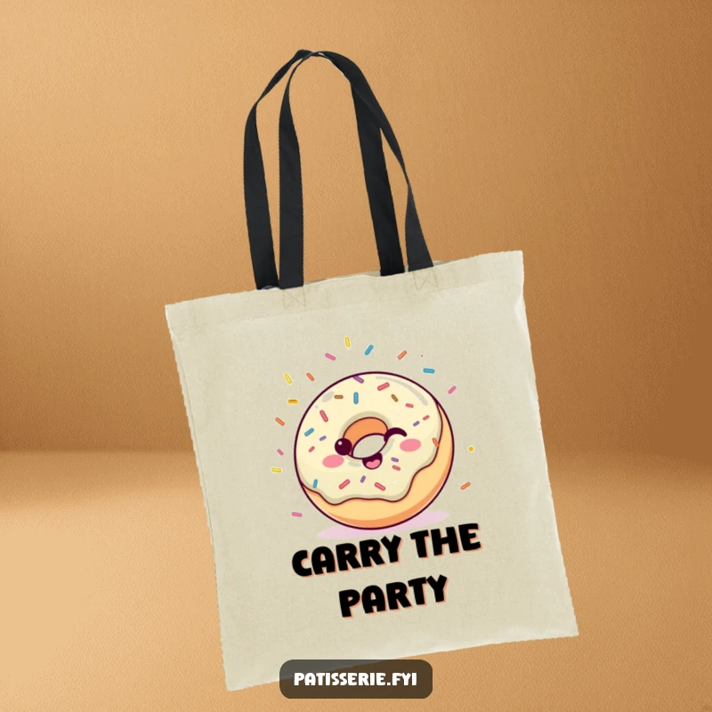 Funny tote bag featuring a happy donut with sprinkles, throwing confetti with delight, great for everyday use.