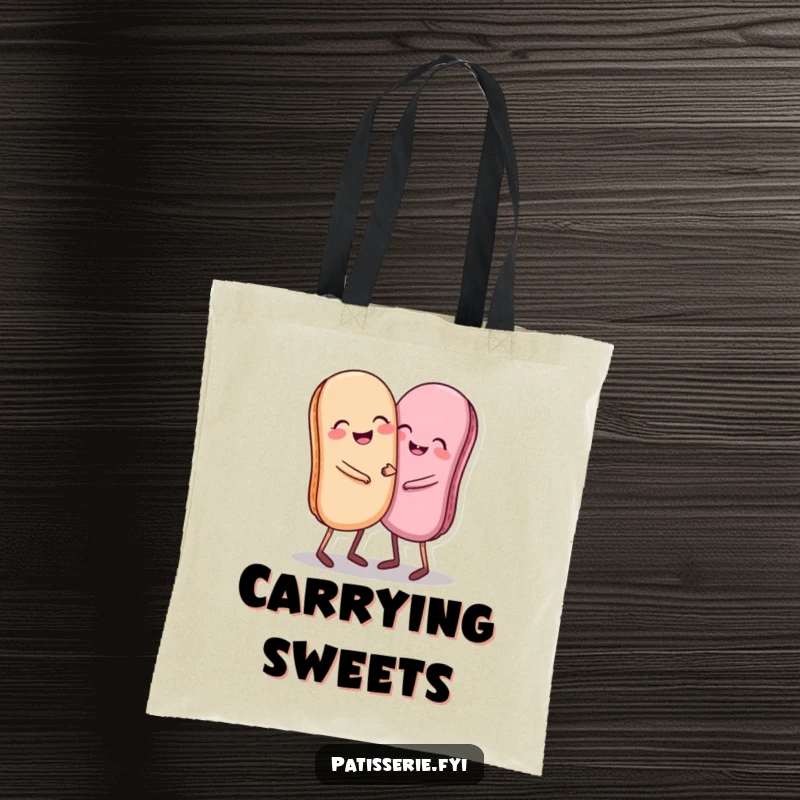 Funny tote bag with a giggling pair of tiny-legged macarons happily hugging, perfect for carrying essentials.