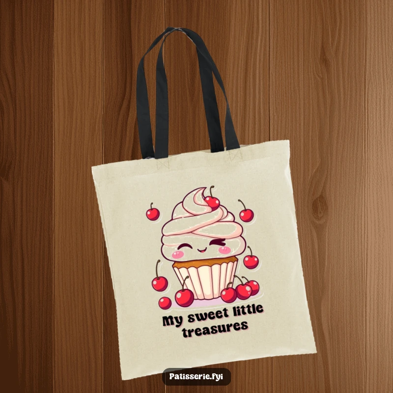 Funny Kawaii Cupcake Tote Bag showcasing a cute cupcake winking and juggling cherries, perfect for carrying goodies with a playful flair.