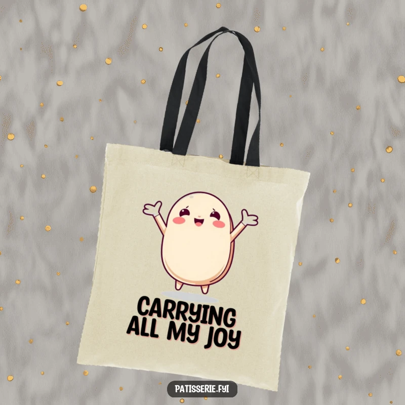 Funny Macaron Tote Bag featuring a happy macaron character mid-leap with arms outstretched, symbolizing pure joy and boundless energy.