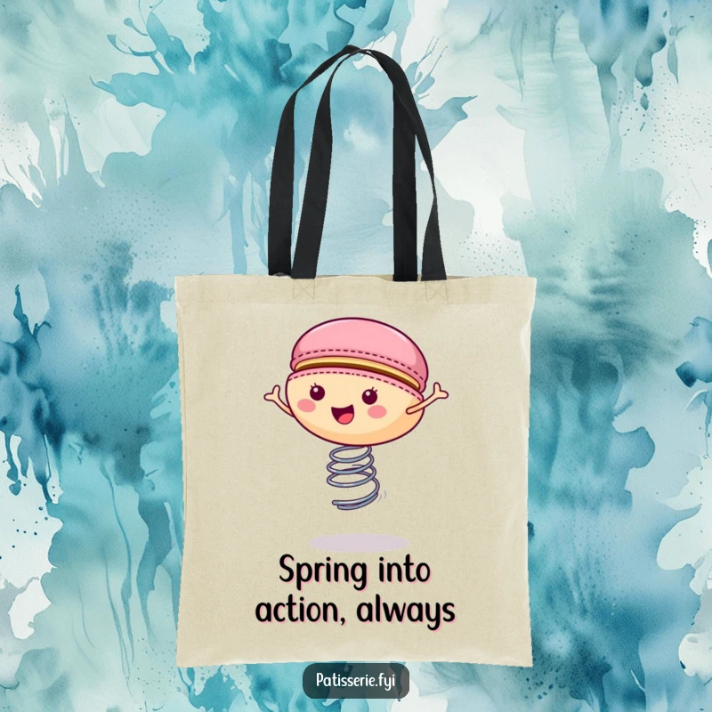 Funny macaron tote bag illustrating a cheerful cookie bouncing on a spring, a delightful and energetic accessory.