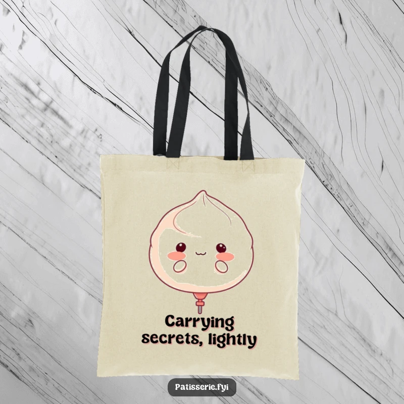 Funny meringue character with puffed cheeks like a balloon, about to float away, printed on a durable tote bag.