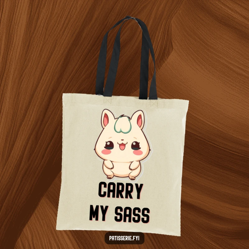 Funny tote bag featuring a petit four character sticking its tongue out playfully, perfect for carrying essentials.