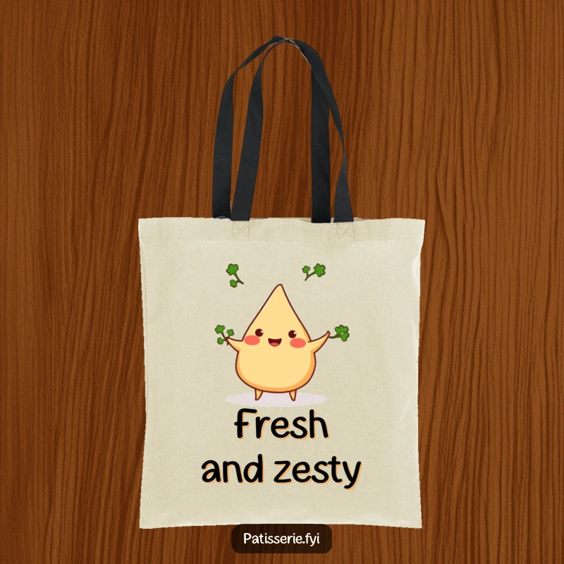 Funny samosa tote bag, cheerful, juggling three tiny cilantro sprigs, stylish and humorous, perfect for shopping.