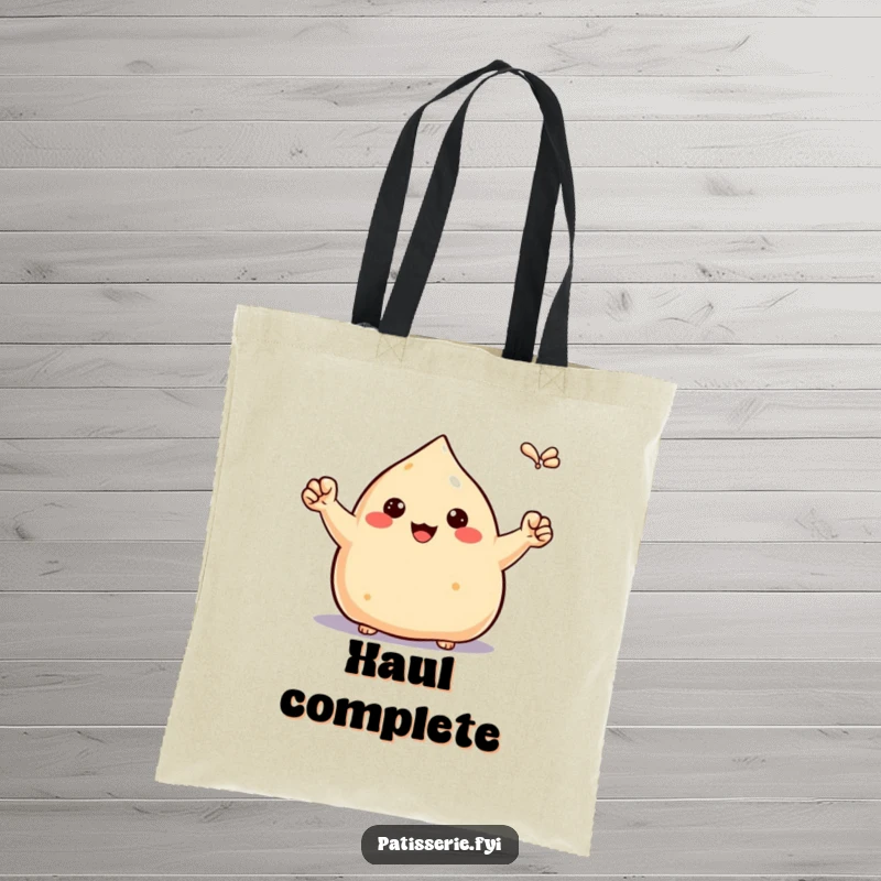 Funny proud samosa tote bag, pumping tiny fists in the air, celebrating victory, stylish and humorous, perfect for essentials.
