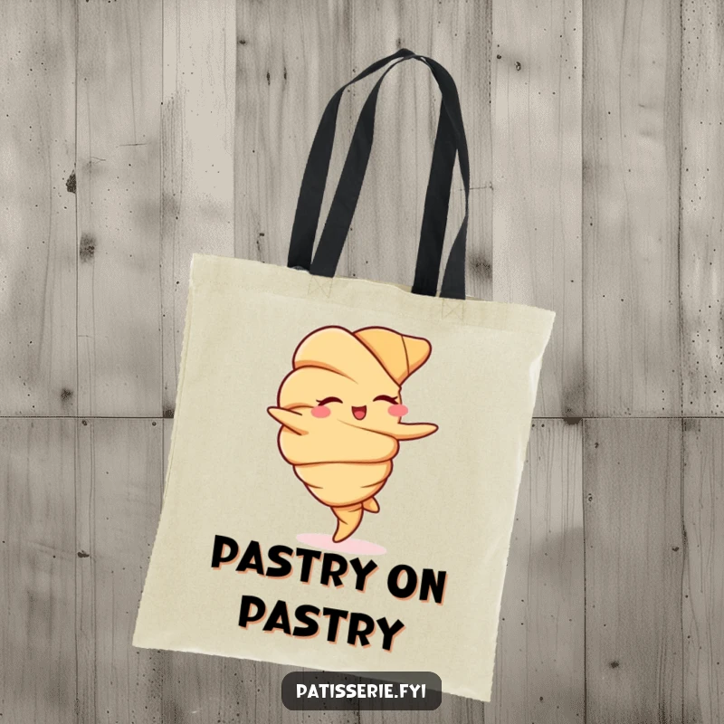 Funny tote bag featuring a charmingly winking croissant in a cartwheel pose, great for carrying everyday items.